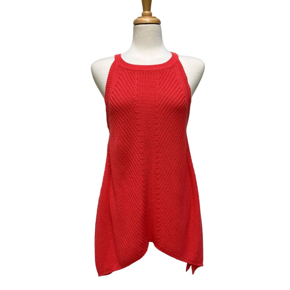 Boston Proper Top Sz M Orange Crochet Halter Tunic Cotton High Low Hem Coastal